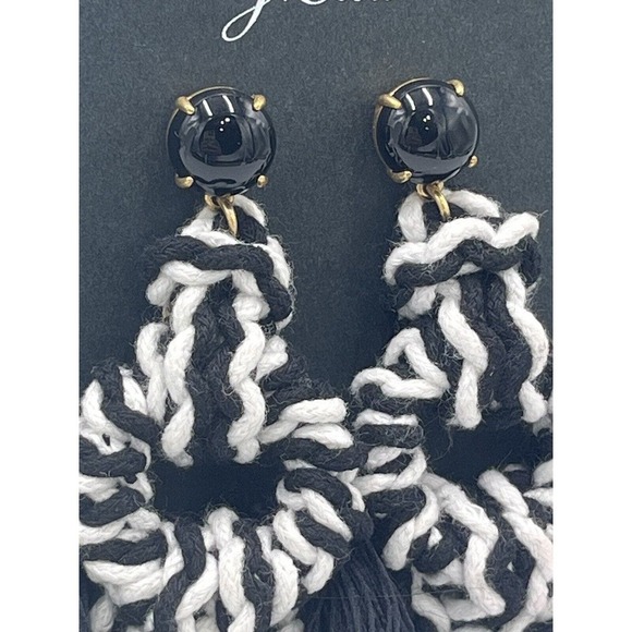 J. Crew Black White Knitted Sailors Knot Tassel Fringe Silver Tone Earrings New - Picture 4 of 9